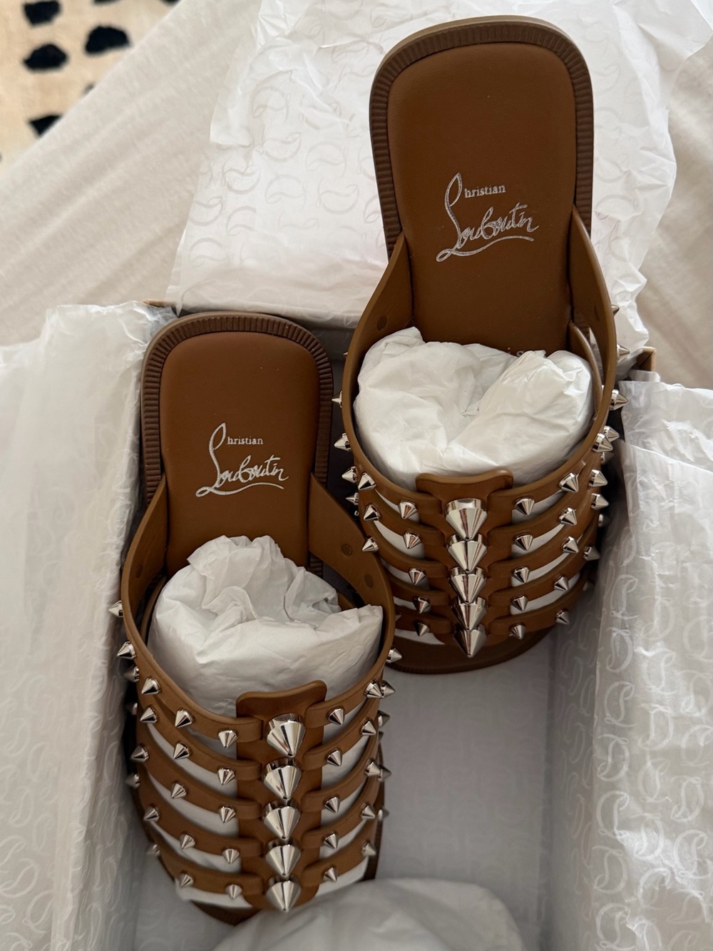 Christian Louboutin Charja Brown Leather Stud-Embellished Slide Sandals - Picture 4 of 8